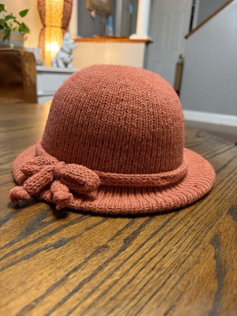 Vintage Style Knit Cloche Hat With Bowknot In Terracotta Rust Orange